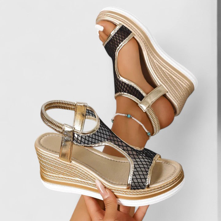Open Toe Fishnet Mesh Platform Wedge Sandals