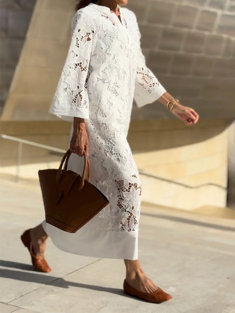 Cutwork Lace V-Neck Three Quarter Sleeve Loose Maxi Dress