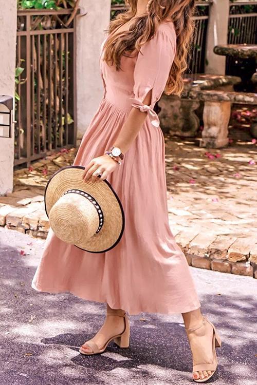 Deep V-Neck Puff Sleeve Tie Cuff Button Front Wide Waistband A-Line Midi Dress