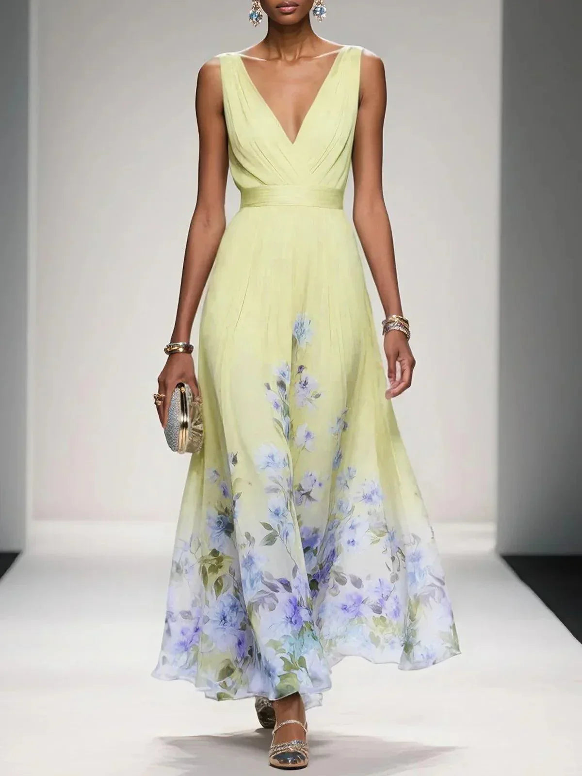 Floral Chiffon Deep V-Neck Sleeveless Pleated Maxi Dress 3