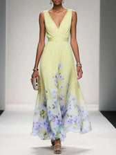 Floral Chiffon Deep V-Neck Sleeveless Pleated Maxi Dress 3