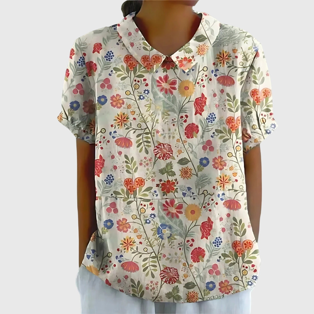 Floral Print Notch Neck Short Sleeve Linen Blouse 10