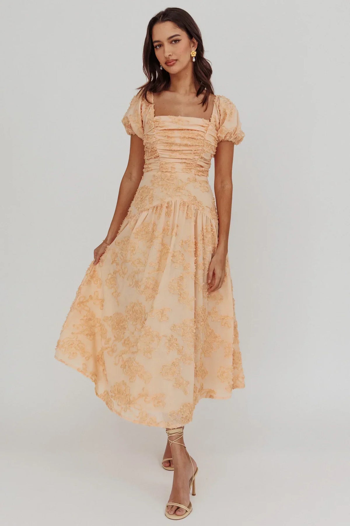 Textured Floral Square Neck Puff Sleeve Ruched Bodice Midi Dress 4