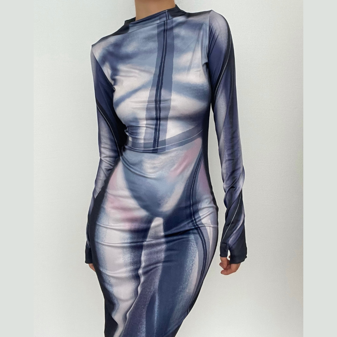 Contrast print slit long sleeve gloves high neck maxi dress
