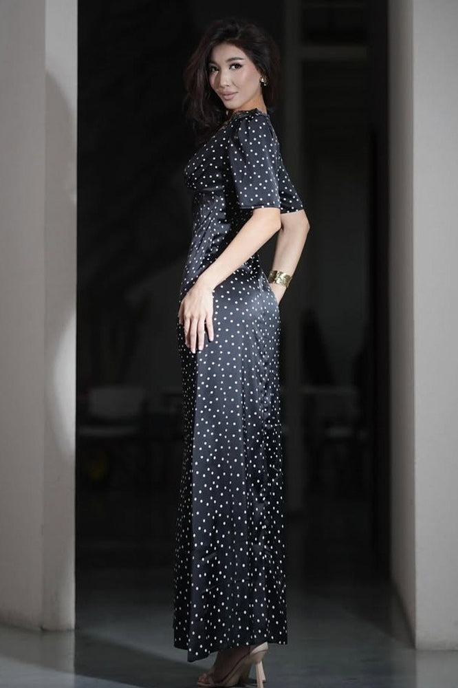 Lace Trim V-Neck Polka Dot Fit Floor Lace Dress