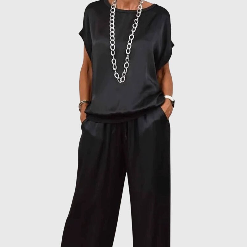 Short Sleeve Boxy Top and Drawstring Wide Leg Pants Two Piece Set