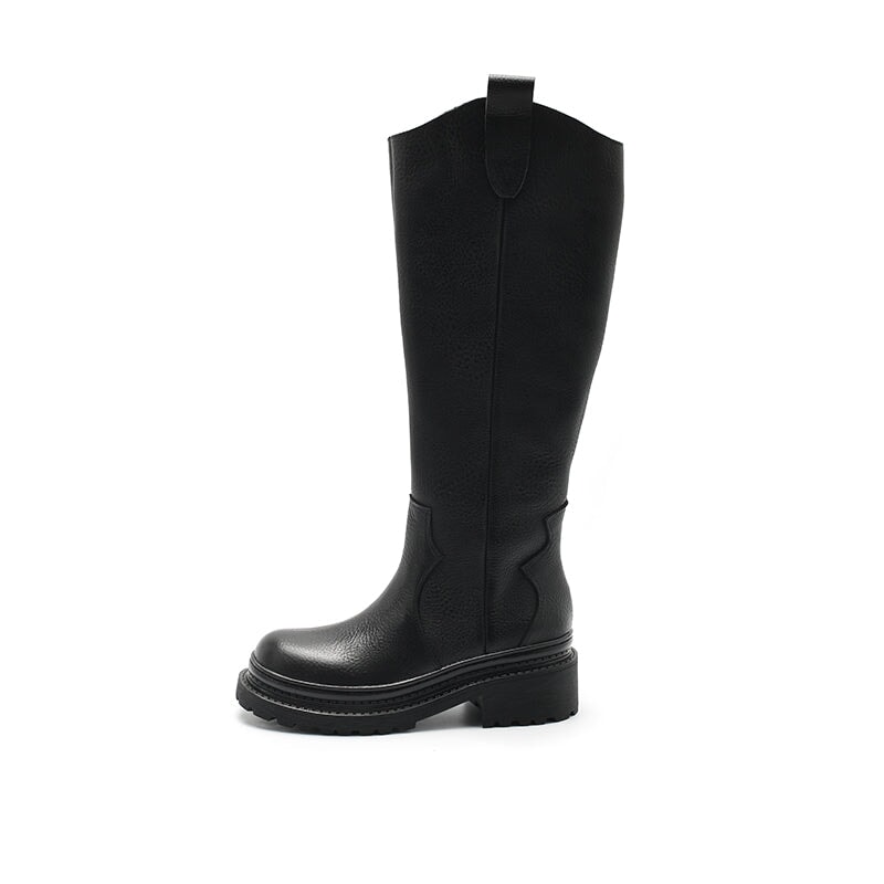 Leather Knee High Boots Cowboy Boots Designer Retro Block Heel Riding Boots in Black/Red/coffee