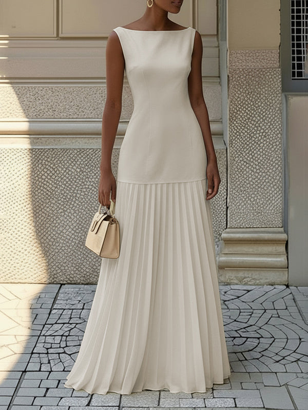 Boat Neck Sleeveless Pleated Maxi Dress 2