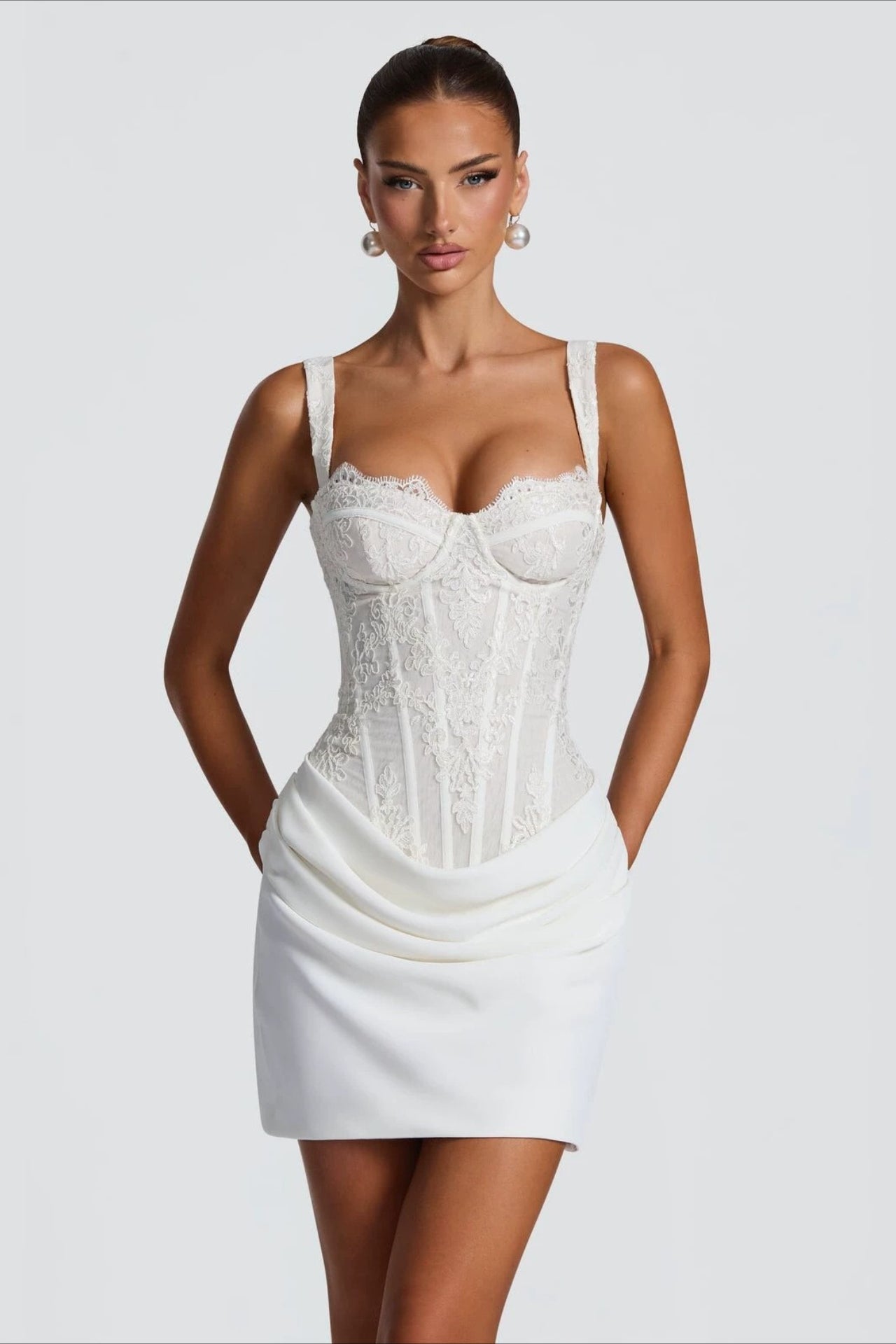 Lace Cami Drape Waist Tie Bodycon Mini Lace Dress