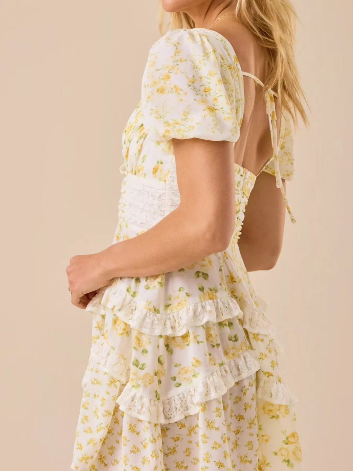 Floral Print Lace Trim Sweetheart Puff Sleeve Tiered Mini Dress 13