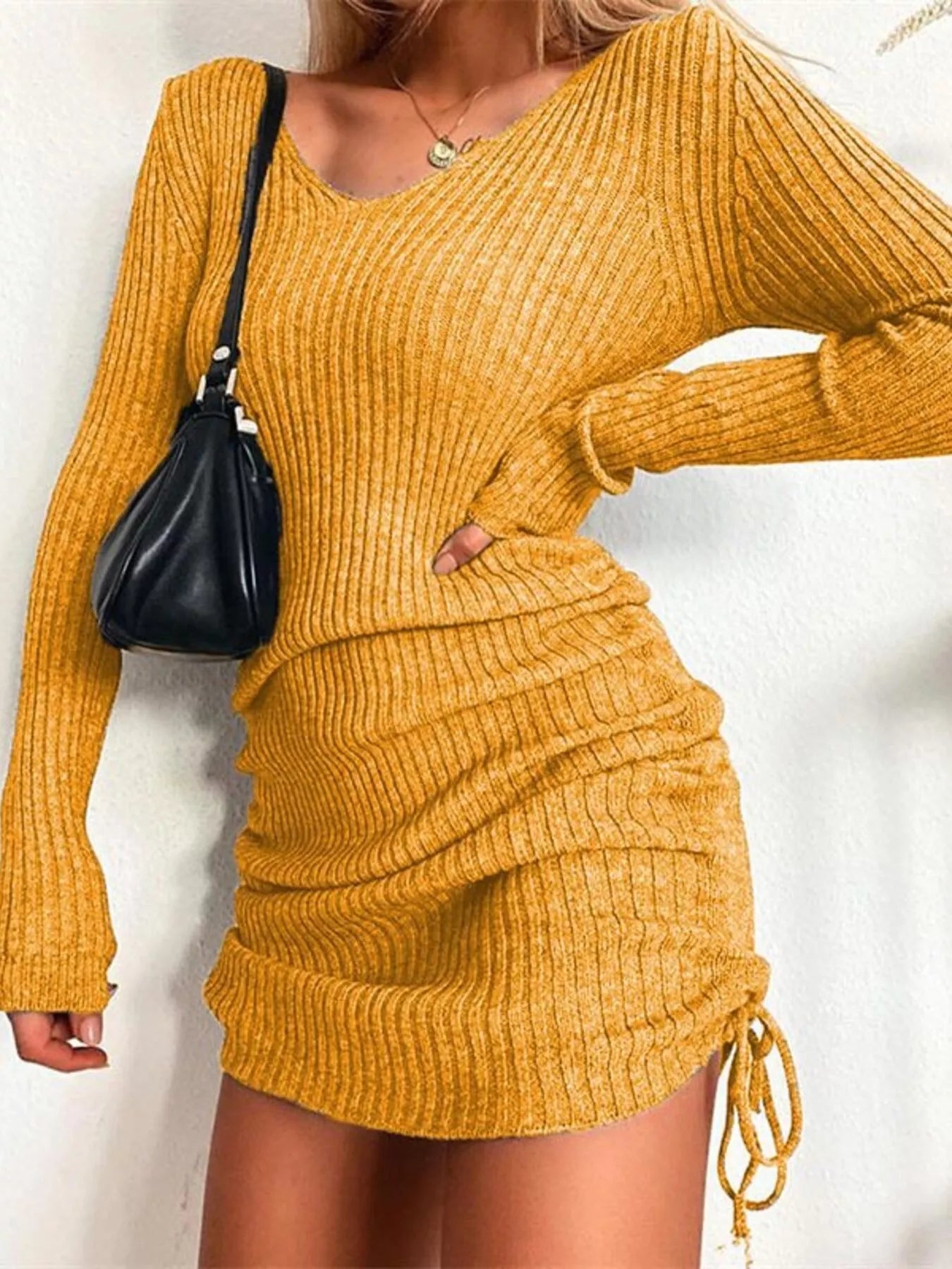 Full Size Ribbed Knit Drawstring Bodycon Sweater Dress Plus Size Yellow