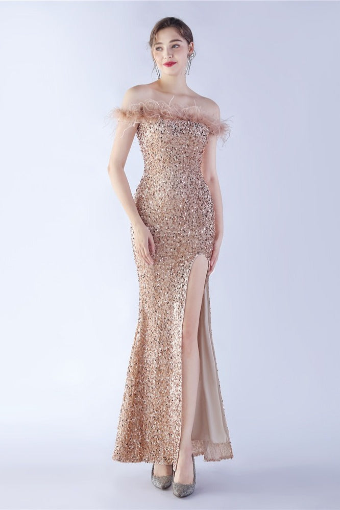 Sequin Off Shoulder Feather Trim High Split Mermaid Gown