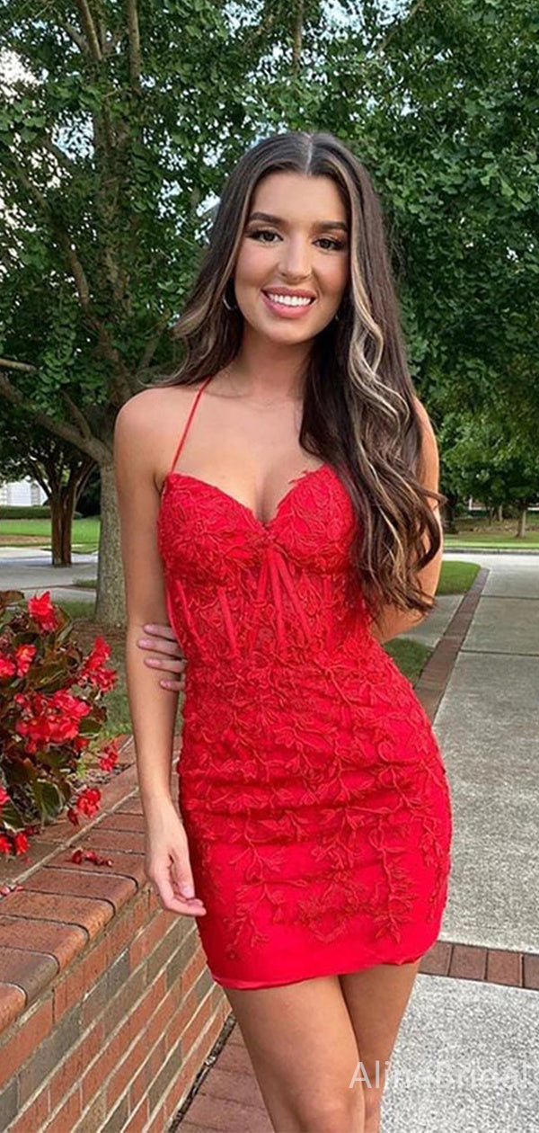 Lace Appliqué Halter Sweetheart Bodycon Mini Homecoming Dress 3