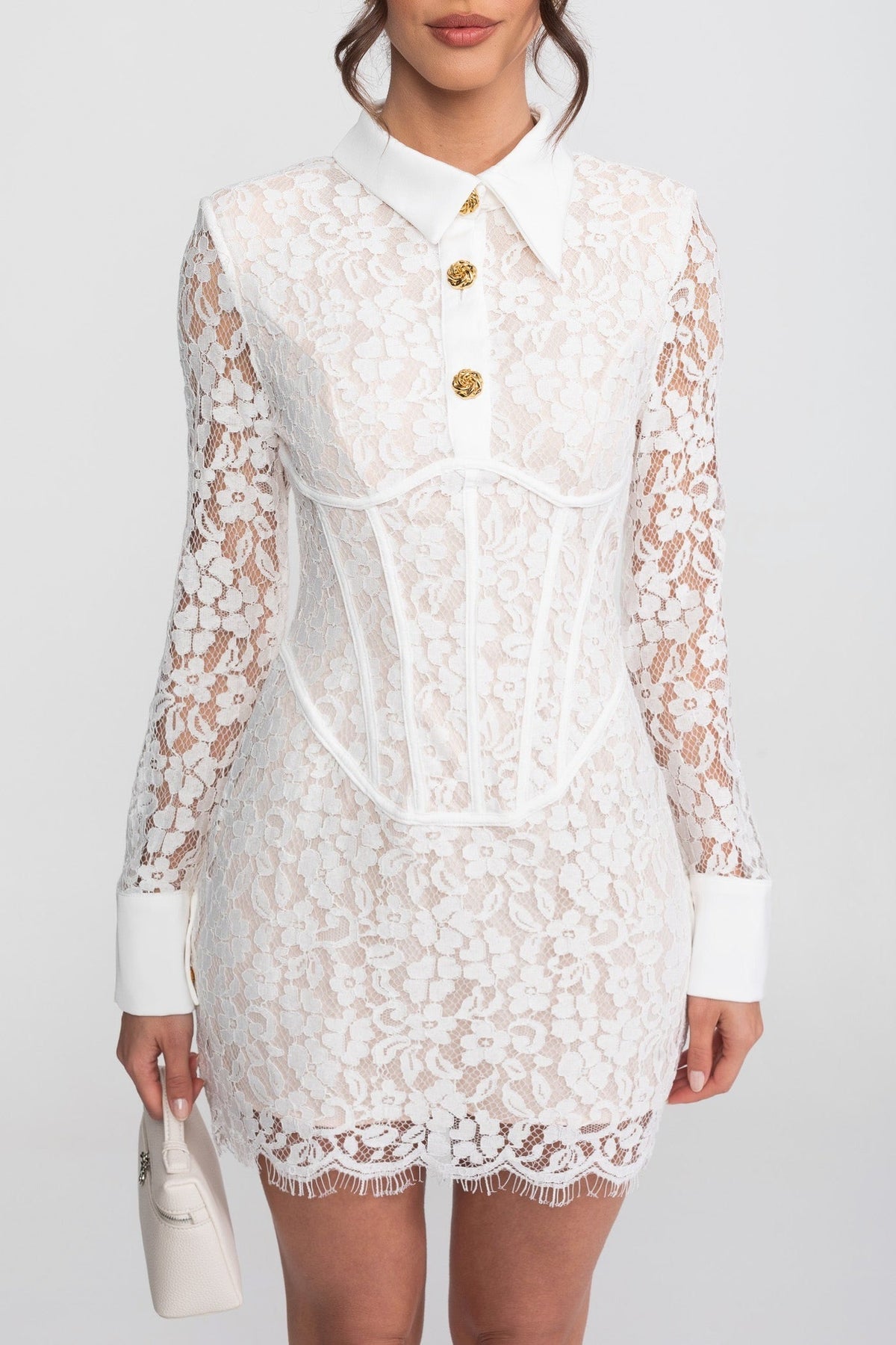 Lace Collared Long Sleeve Corset Seam Scallop Hem Mini Dress 5