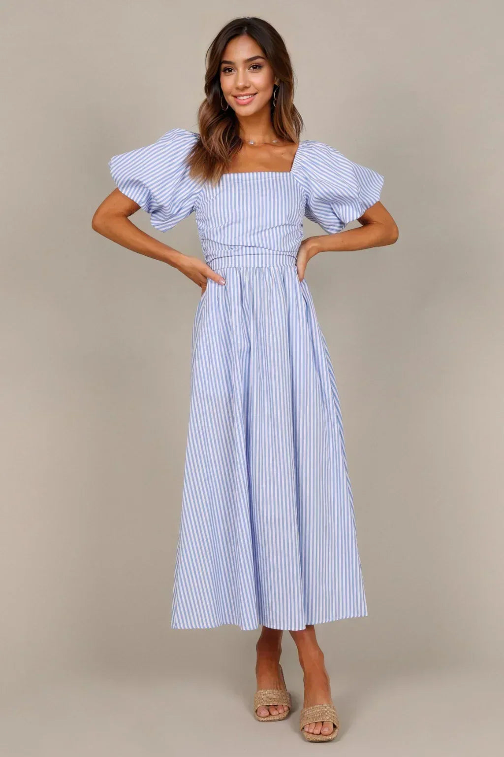 Striped Square Neck Puff Sleeve Pocket A-Line Midi Dress 4