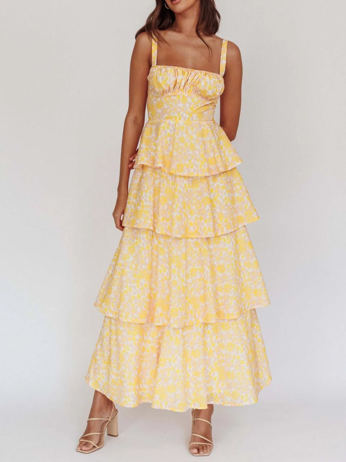 Floral Print Square Neck Cami Tiered Ruffle Maxi Dress 6
