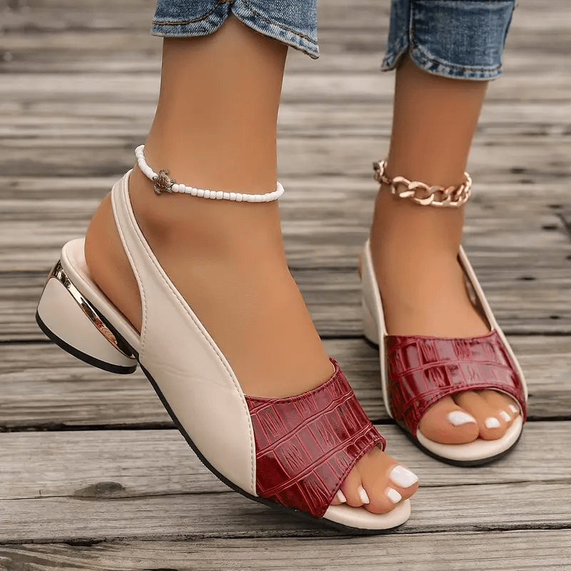 Open Toe Slingback Croc Embossed Block Heel Sandals
