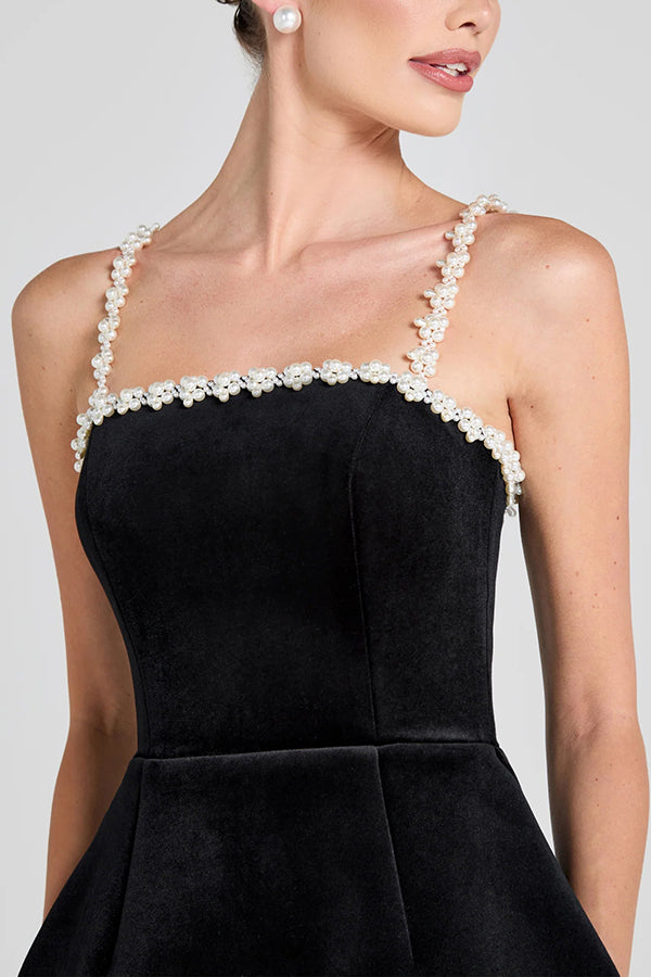 Velvet Faux Pearl Trim Square Neck Strappy Tulip Mini Dress 7