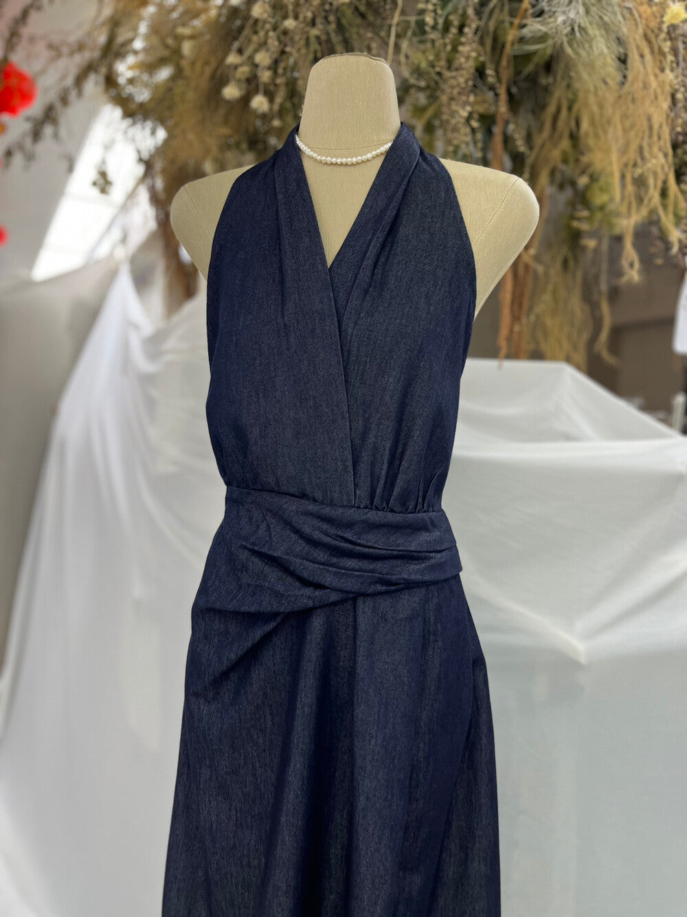 Denim Halter Neck Sleeveless Twist Waist Maxi Dress 6