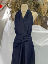 Denim Halter Neck Sleeveless Twist Waist Maxi Dress 6