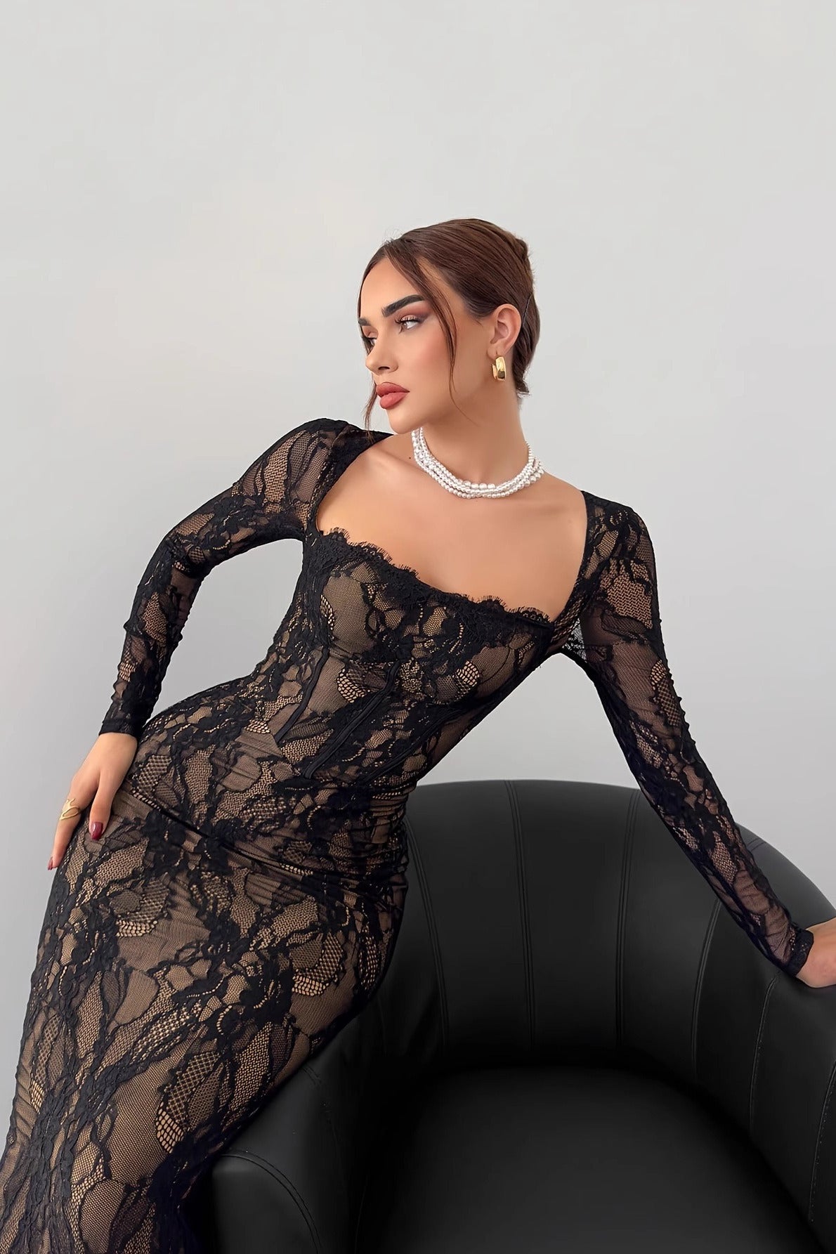 Elegant Square Neck Long Sleeve Lace Dress 3