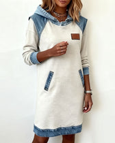 Hooded Long Sleeve Denim Patchwork Mini Dress Pocket 3