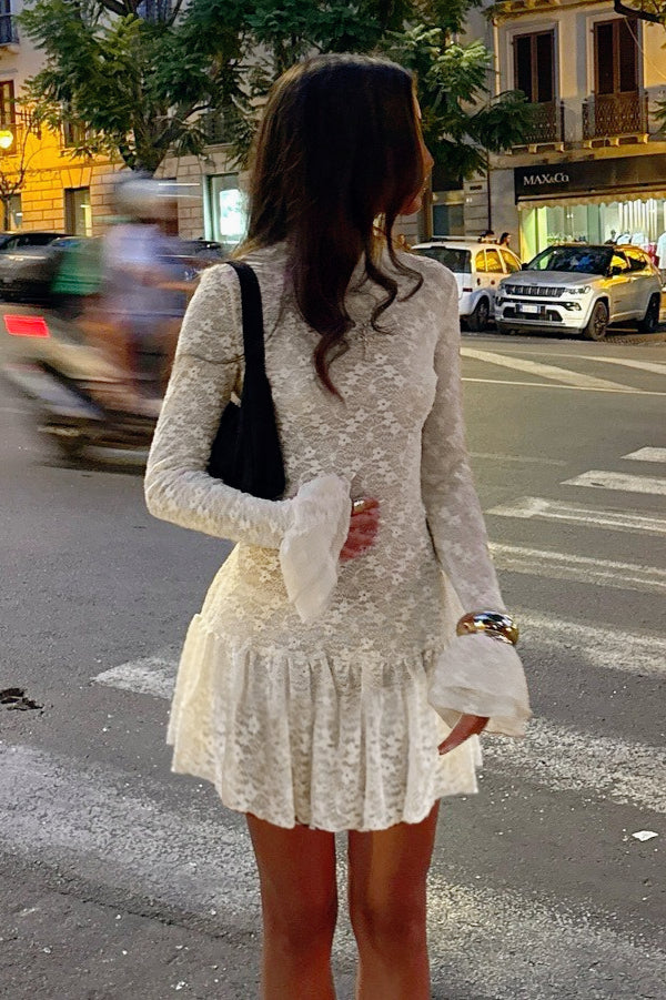Lace High Neck Long Sleeve Ruffle Hem Mini Dress