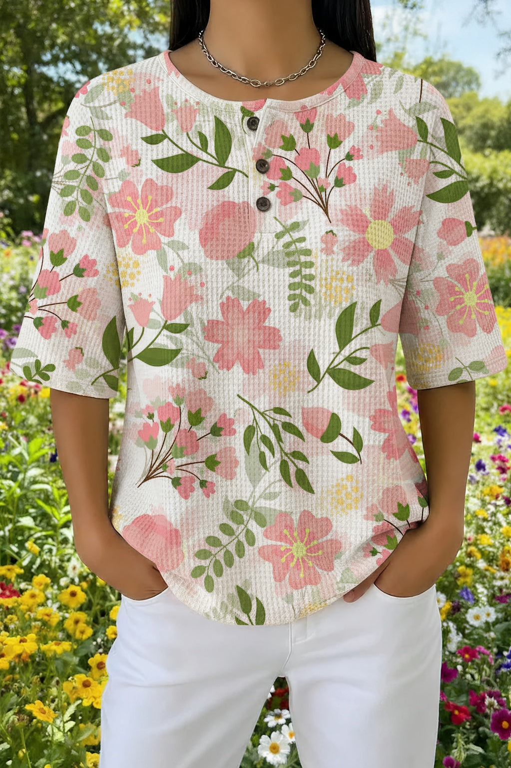 Womens Cream Pink Floral Print Casual Henley Shirt