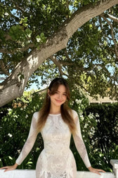 Round Neck Long Sleeve Lace Back Prom Dress