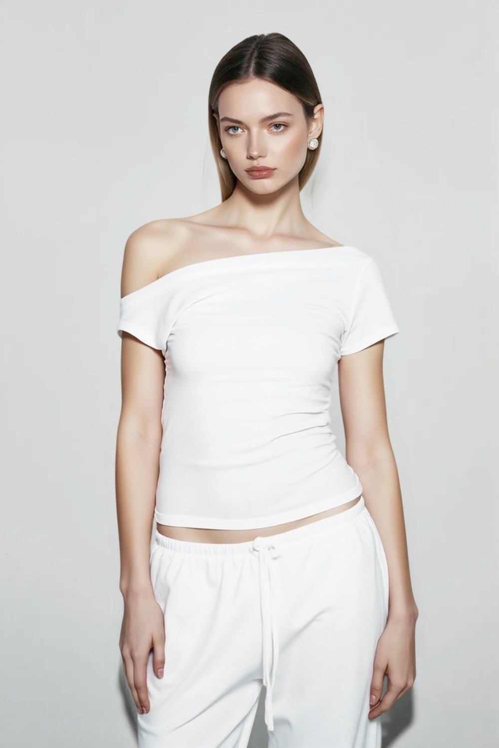 Off Shoulder Short Sleeve Slim Fit Ruched Side Top 2