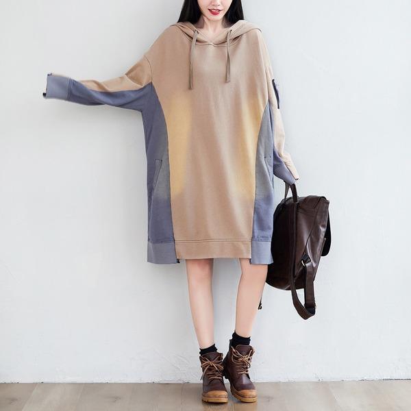 Patchwork Hooded Dress Ladies Plus Size Irregular Length Hooded Dresses