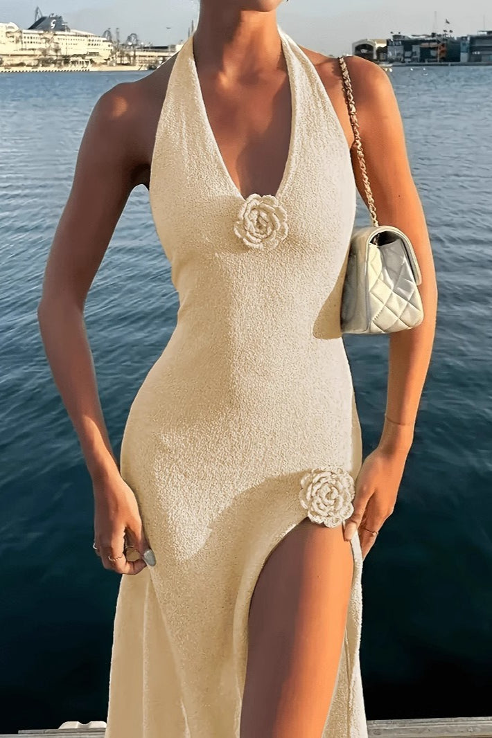 Deep V Neck Backless High Split Knit Maxi Boho Dress