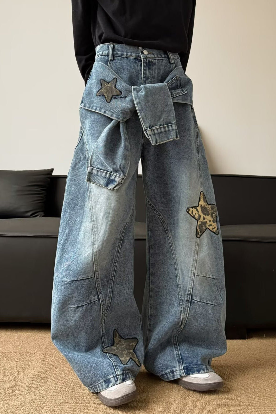 Vintage Washed Patchwork Wide-Leg Denim Jeans