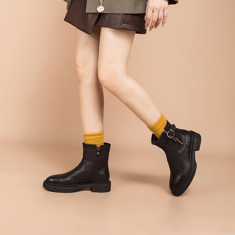 Full Grain Leather Short Boots Designer Retro Chunky Riding Boots Side Zip Buckle Boots Brown/Black