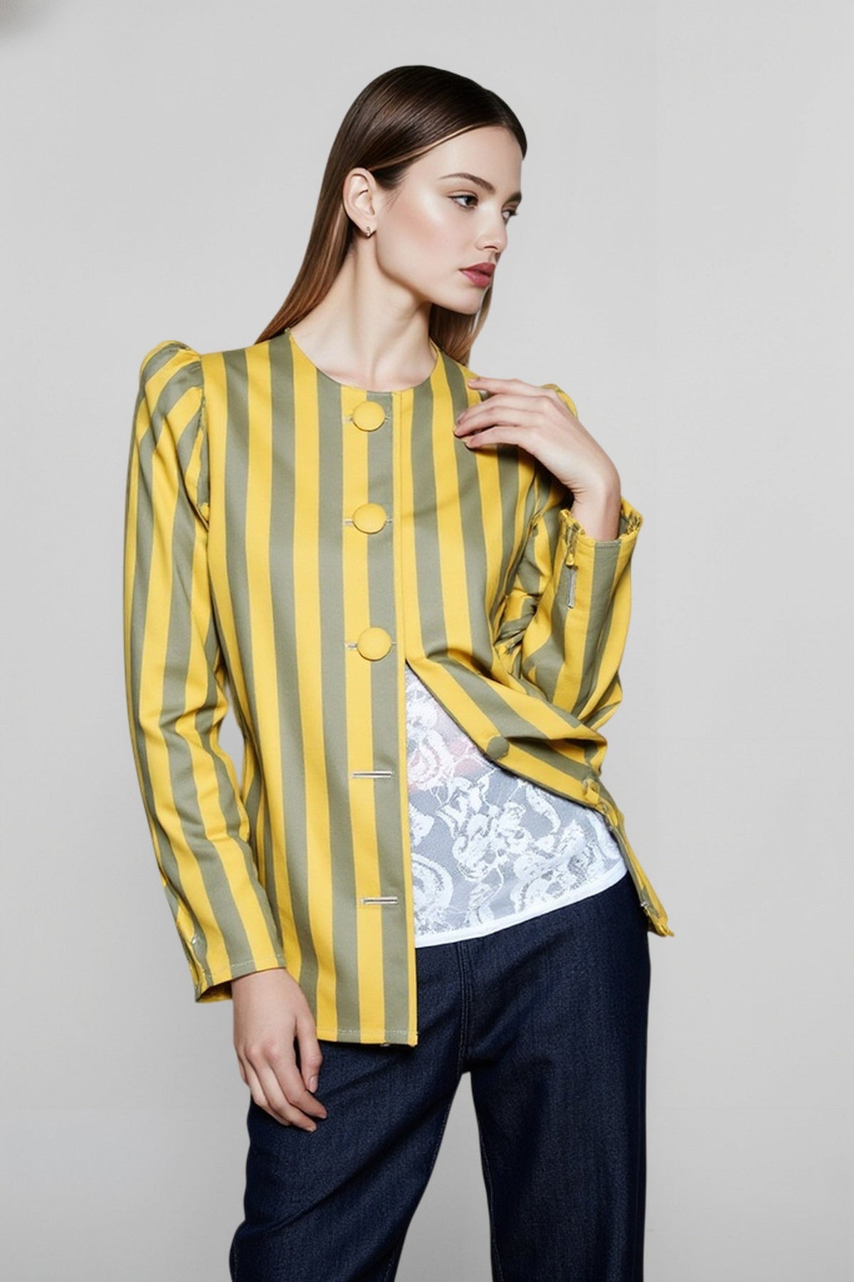 Striped Puff Shoulder Long Sleeve Button Front Asymmetric Hem Blouse 2
