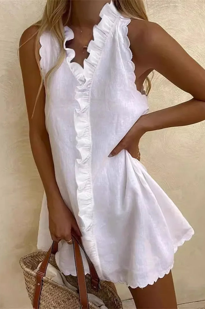 V-Neck Ruffle Cotton Linen Mini Dress