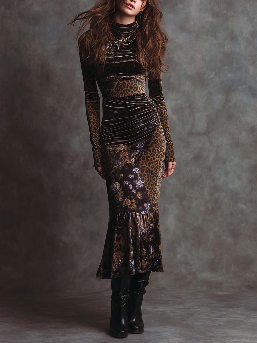 Retro Gothic Leopard Print And Floral Patchwork Velvet Maxi Dress - FashionAxe