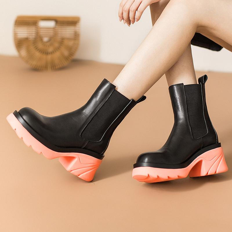 Colorful Sole Leather Chelsea Boots Designer Retro Chunky Riding Boots High Heel Handmade