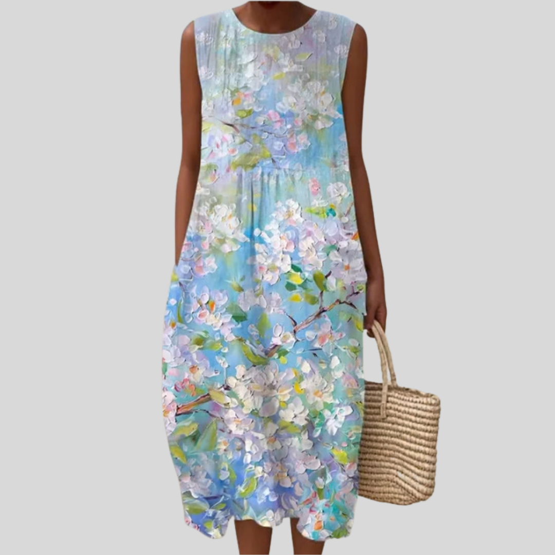 Floral Print Sleeveless Round Neck Midi Dress