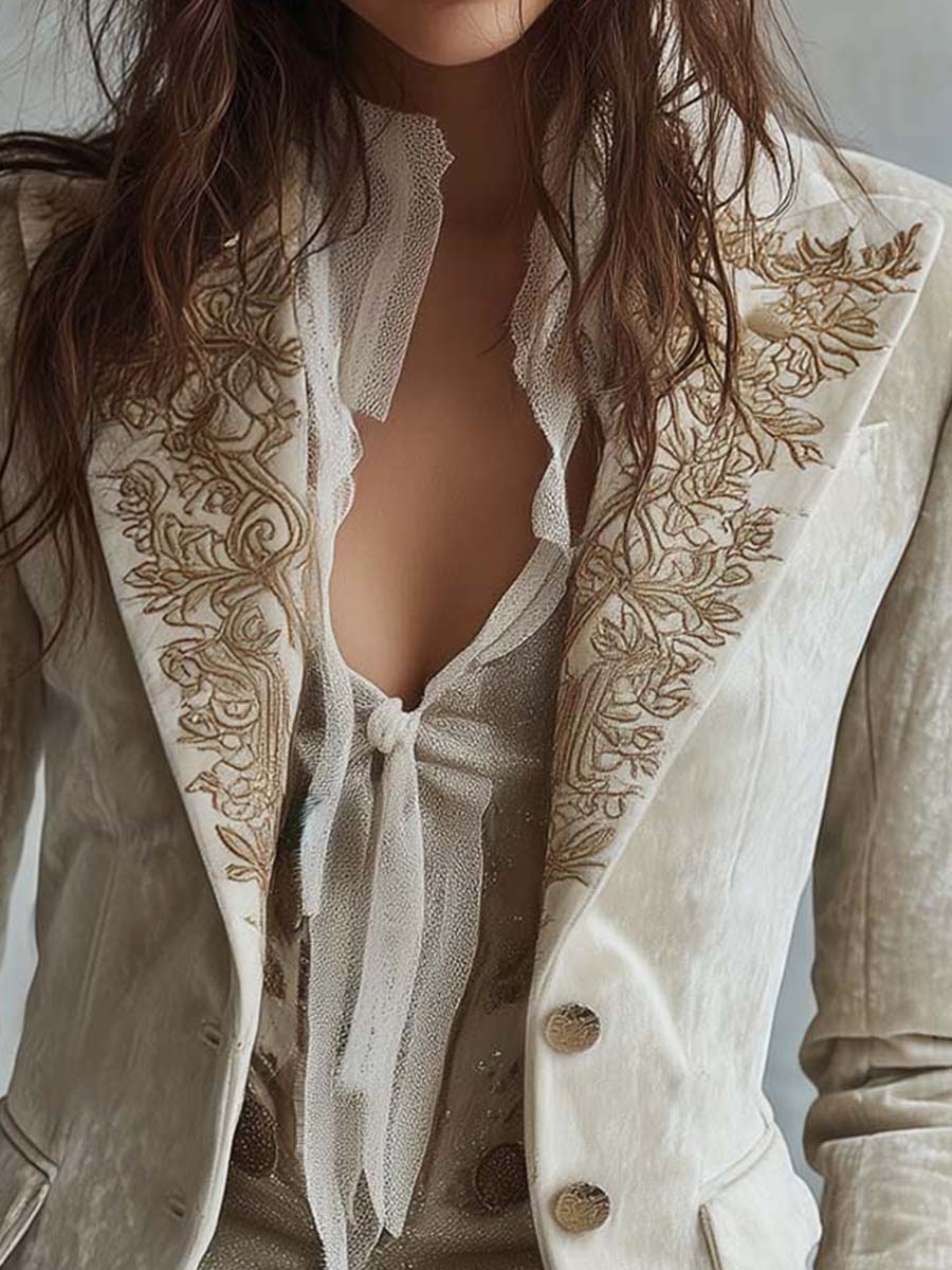 Velvet-Look Embroidered Lapel Lace Cuff Blazer
