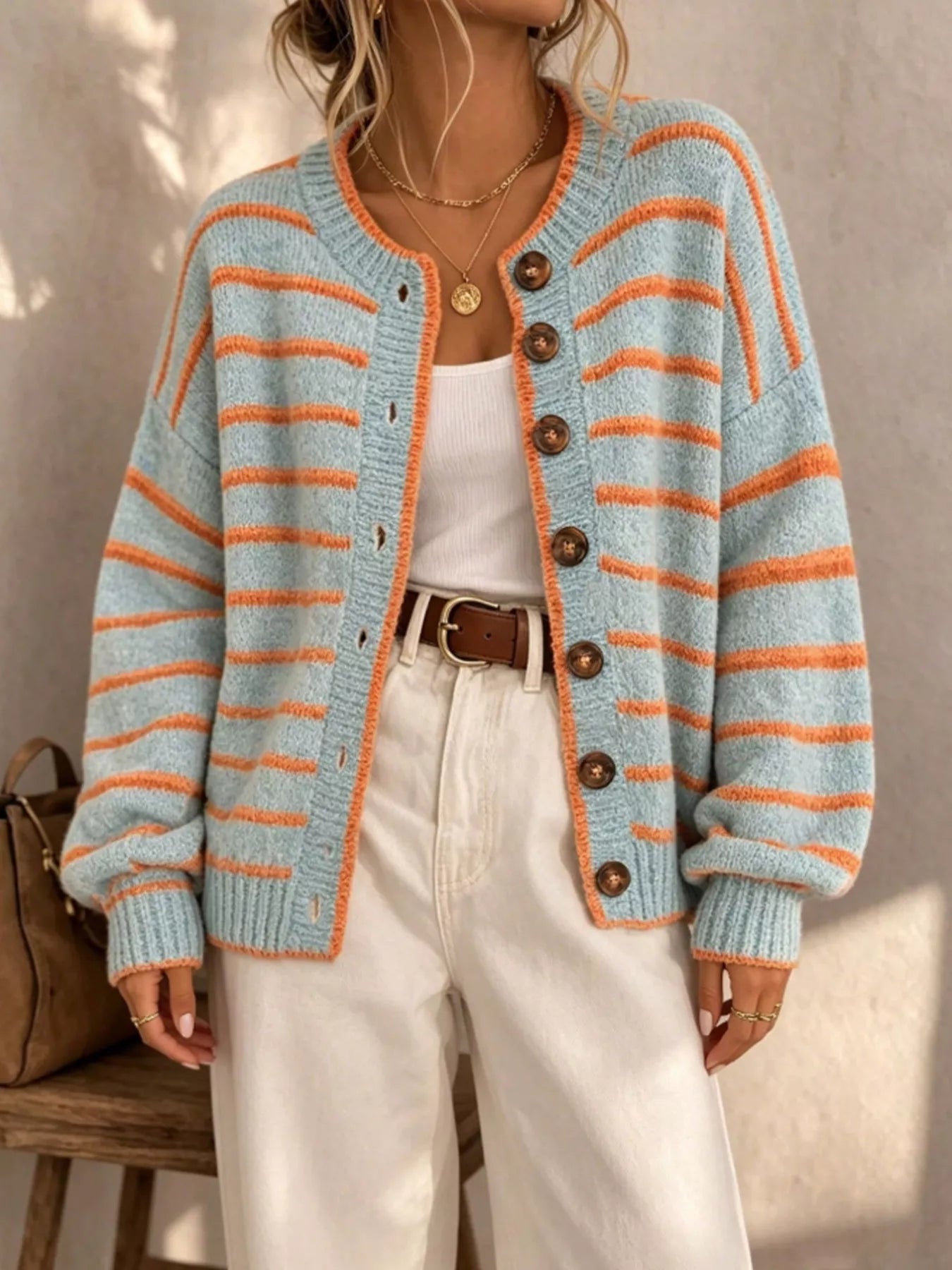 Striped Button-Down Knit Cardigan