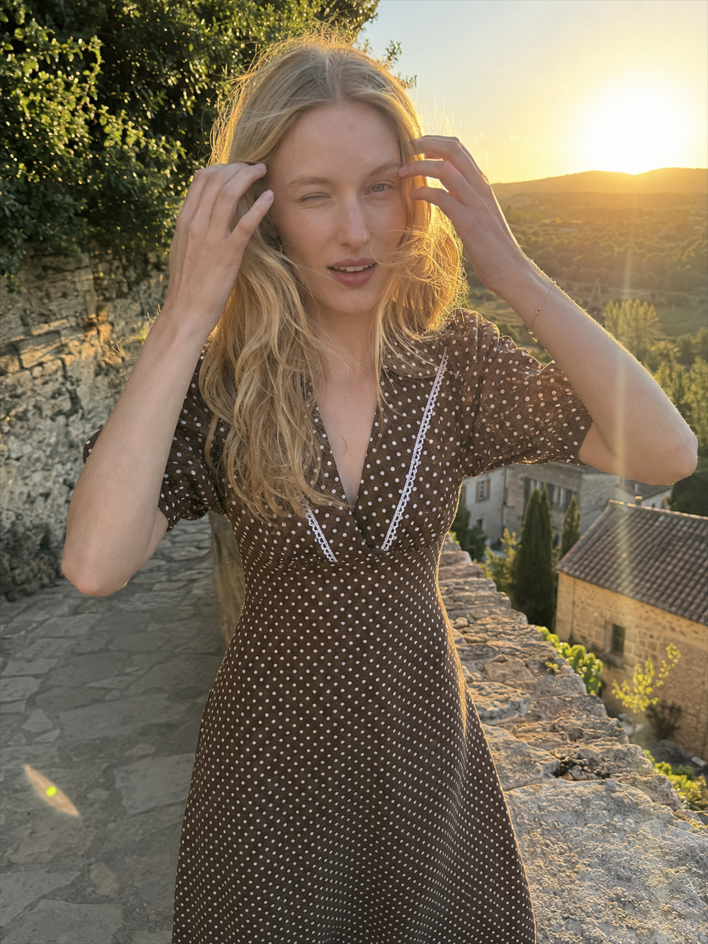 Polka Dot V-Neck Puff Sleeve Bodycon Maxi Dress