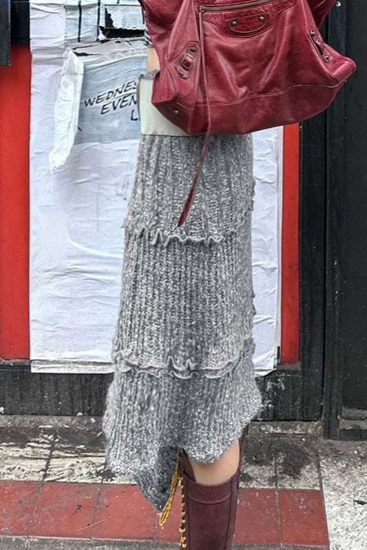Knit Lettuce Trim Tiered Asymmetric Handkerchief Hem Midi Skirt 4