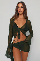Sheer Tie Mesh Long Sleeve Bandeau Two Piece Set