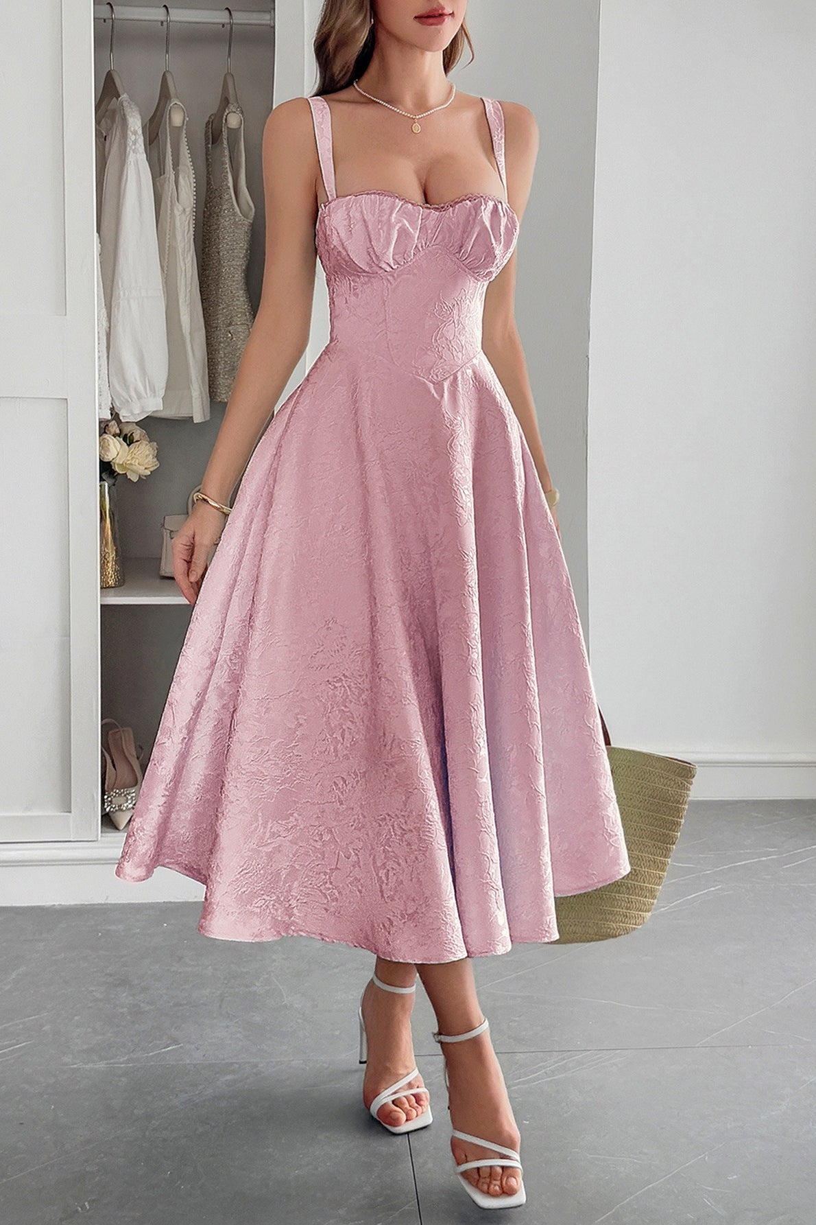 Jacquard Sweetheart Lace Trim Corset Bodice Pocket A-Line Midi Dress