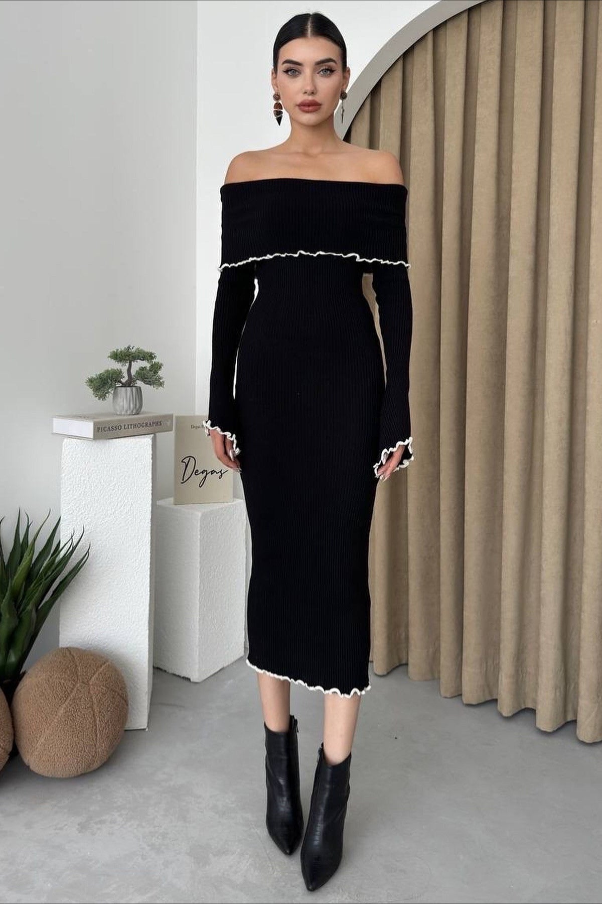 Ribbed Off Shoulder Color Block Knit Sweater Dress