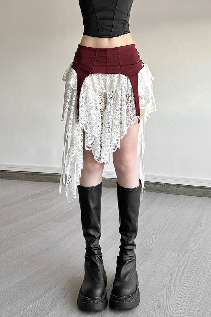 Lace Up Side Layered Lace Ruffle Asymmetric Hem Mini Skirt 2