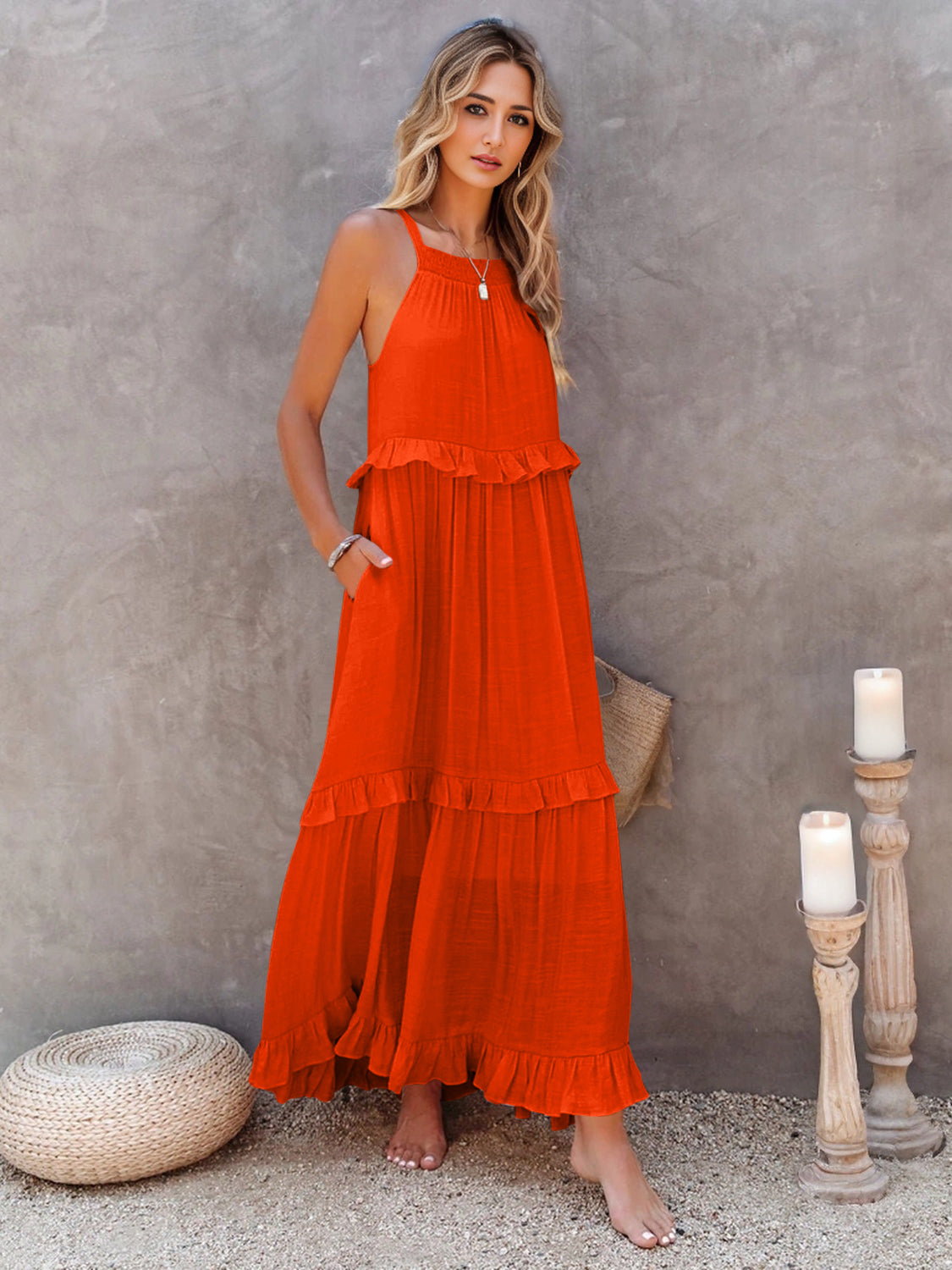 Halter Neck Sleeveless Ruffle Trim Tiered Maxi Dress with Pockets 30