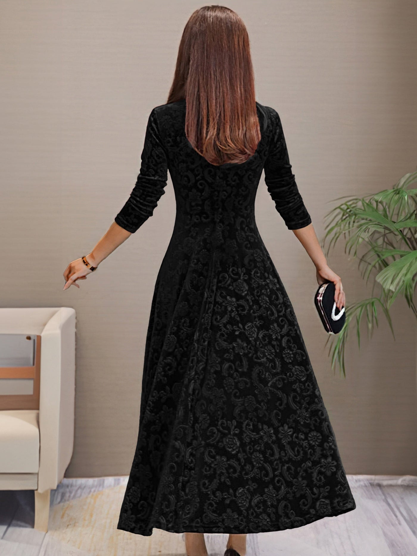 Floral Velvet V-Neck Long Sleeve Fit and Flare Midi Dress 12