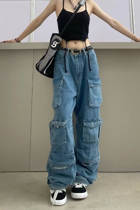 Acid Wash Denim Multi Pocket Wide Leg Cargo Jeans 3